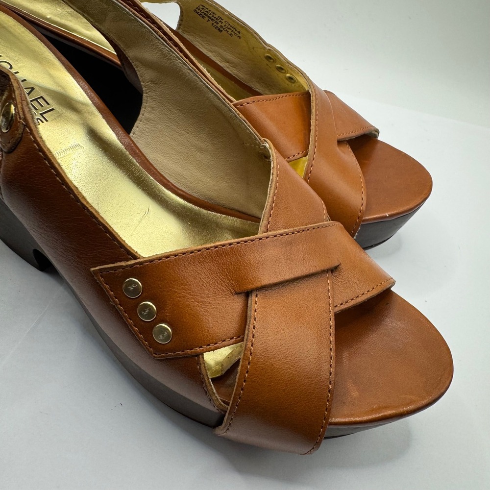 Michael Kors Tan Leather Platform Wedge Sandals Brown Studded Slingback 7.5M - Picture 2 of 7